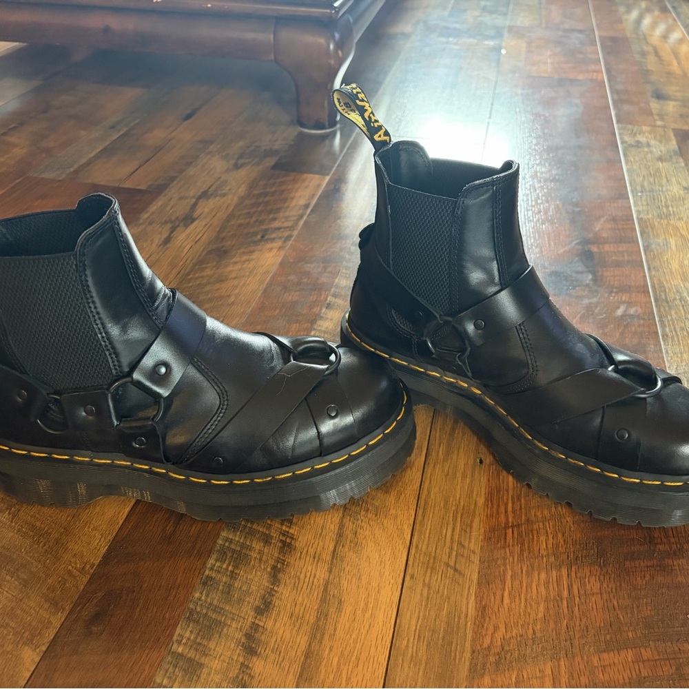 Dr. Martens Black Leather Quad Harness Platform Unisex Boots - Picture 4 of 11